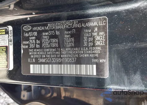 2008 Hyundai Santa Fe Gls из США, поврежденный, VIN 5NMSG13D98H190837